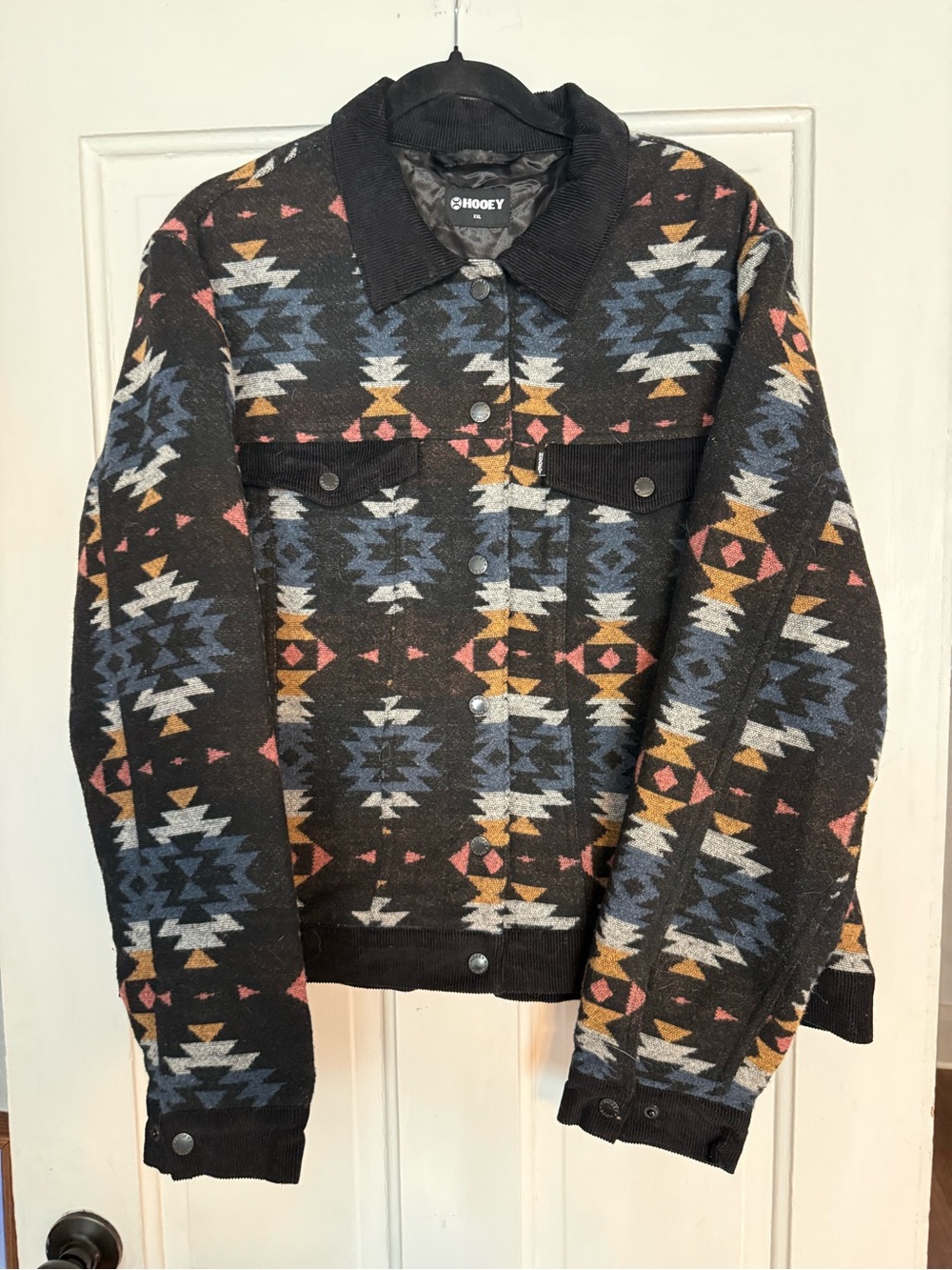 Hooey Black Aztec Pattern Zip-Up Sweater Jacket with Blue, Tan & Pink Accents